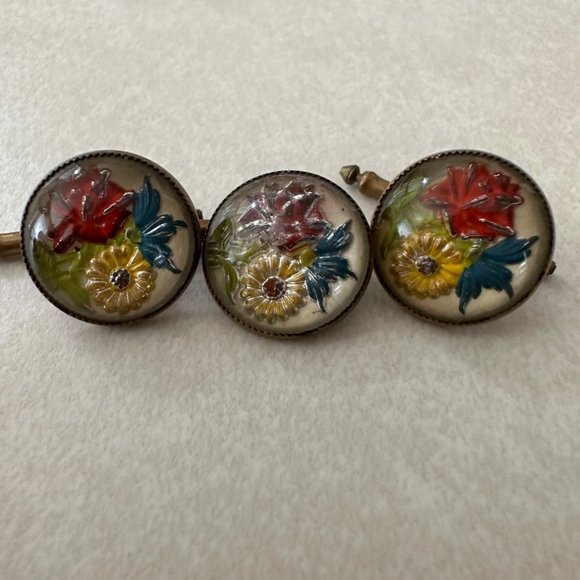 Antique Victorian brass Goofus glass floral cufflinks three buttons set - Picture 3 of 5